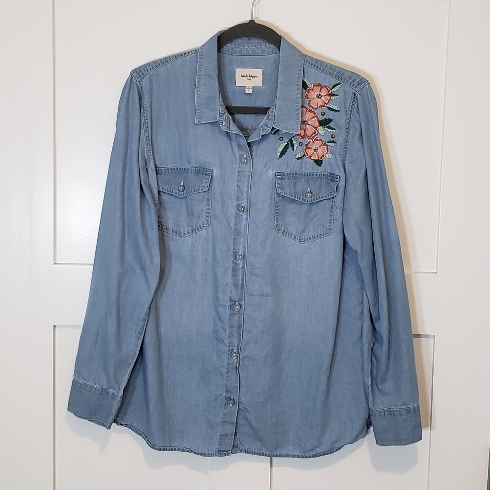 Haute Hippie Cotton Lyocell Shirt Size Large Chambray Floral Embroidery